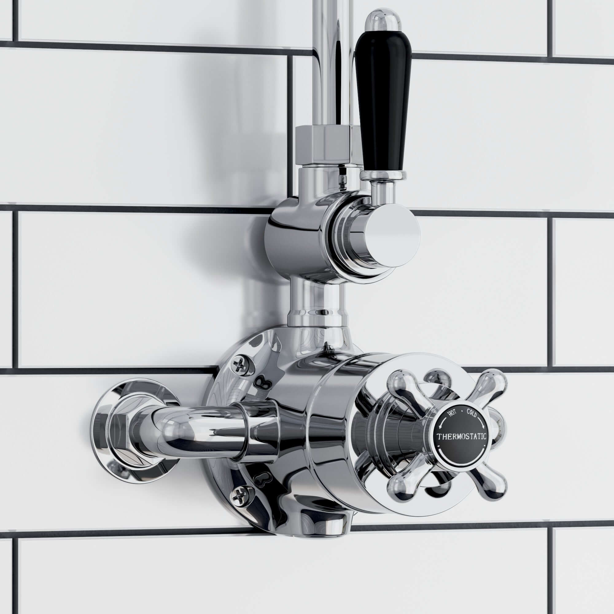 Downton traditional twin thermostatic shower valve top outlet - chrome & black - Showers